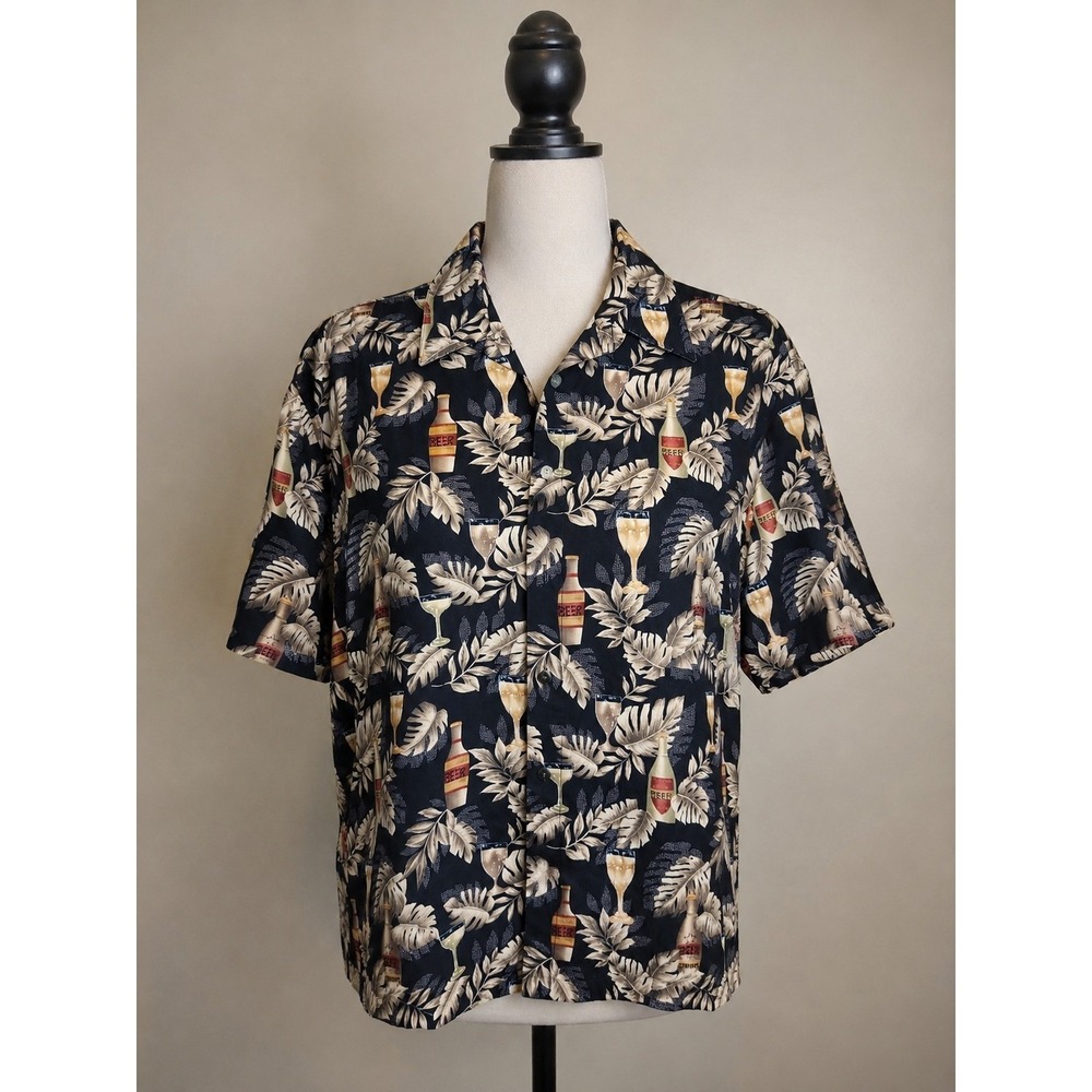 Pierre Cardin Hawaiian Shirt Mens‎ Large Beer Cocktail Palm Leaf Aloha Camp 100%